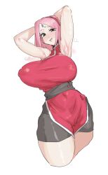 Rule 34 | 1girl, absurdres, alternate breast size, armpits, arms up, blush, breasts, covered erect nipples, forehead jewel, hairband, haruno sakura, highres, konohagakure symbol, large breasts, leebo (leeboxxx), looking at viewer, mature female, naruto, naruto (series), pink hair, presenting armpit, red hairband, short hair, simple background, sleeveless, sleeveless turtleneck, solo, turtleneck, white background