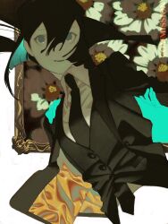 Rule 34 | 1girl, 1other, aqua hair, aqua skirt, arm grab, black hair, black jacket, black necktie, black vest, breasts, buttons, collared shirt, colored inner hair, commission, disembodied limb, floating hair, floral background, flower, formal, grey eyes, gtsleep1200, hair between eyes, highres, jacket, jacket lining, looking at viewer, medium hair, multicolored hair, necktie, open clothes, open jacket, original, parted lips, picture frame, shirt, skirt, small breasts, solo focus, suit, suit jacket, upper body, vest, white background, white flower, white shirt