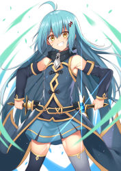 Rule 34 | 1girl, antenna hair, aqua hair, asymmetrical legwear, bare shoulders, belt, black belt, black scarf, black thighhighs, blush, commentary request, dagger, detached sleeves, diffraction spikes, dual wielding, facial scar, floating hair, fortissimo, glint, green shirt, green skirt, grey thighhighs, grin, hair between eyes, hair ornament, head tilt, highres, holding, holding dagger, holding knife, holding weapon, knife, long hair, looking at viewer, mahcdai, mismatched legwear, musical note, musical note hair ornament, original, planol note, pleated skirt, scabbard, scar, scar on cheek, scar on face, scarf, sheath, shirt, sidelocks, skirt, sleeveless, sleeveless shirt, smile, solo, standing, thighhighs, unsheathing, very long hair, weapon, white background, wind, yellow eyes, zettai ryouiki
