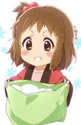 Rule 34 | 1girl, atu, blush, blush stickers, brown eyes, brown hair, child, commentary request, grin, hairstyle request, highres, hirasawa yui, holding, japanese clothes, k-on!, kimono, long sleeves, looking at viewer, pink shirt, red kimono, shirt, simple background, smile, snow, snowflakes, solo, teeth, twitter username, upper body, white background
