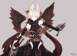 Rule 34 | 1boy, ahoge, animal ear fluff, animal ears, arm blade, armor, bell, black cape, black gloves, black pants, black shirt, black wings, bow, cape, closed mouth, commentary request, cowboy shot, dagger, elbow gloves, expressionless, feathered wings, fox ears, gauntlets, gloves, grey background, guillotine cross (ragnarok online), hair bell, hair between eyes, hair bow, hair ornament, highres, holding, holding dagger, holding knife, holding weapon, jamadhar, jingle bell, knife, kusabi (aighe), long bangs, looking at viewer, male focus, multiple hair bows, official alternate costume, orange eyes, pants, purple bow, ragnarok online, red armor, scarf, shirt, short hair, simple background, sleeveless, sleeveless shirt, solo, torn cape, torn clothes, torn scarf, waist cape, weapon, white hair, wings