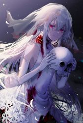 Rule 34 | 1girl, albino, arisato yui, bad id, bad pixiv id, bare shoulders, blood, blood on face, blood stain, bridal veil, closed mouth, commentary, dress, flower, gloves, hair between eyes, highres, holding, holding skull, looking to the side, lotus, moonlight, night, night sky, original, pale skin, petals, red eyes, skull, sky, sleeveless, sleeveless dress, smile, solo, spider lily, veil, wedding dress, white dress, white gloves, white hair