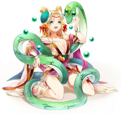 Rule 34 | 1girl, :d, bad id, bad pixiv id, bare shoulders, blonde hair, breasts, china dress, chinese clothes, cleavage, dress, green eyes, hair ornament, hair ribbon, looking at viewer, meimei (p&amp;d), open mouth, puzzle &amp; dragons, ribbon, smile, snake, solo, turtle shell, xenpo