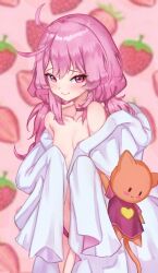 Rule 34 | 1girl, ahoge, bare shoulders, breasts, cardigan, collarbone, eien project, female focus, food print, highres, jacket, kiki lockheart, lunarisbloom, messy hair, open clothes, pink cardigan, pink eyes, pink hair, simple background, small breasts, solo, strawberry print, tagme, twintails, virtual youtuber, white jacket