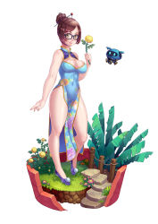 Rule 34 | 1girl, bare arms, bare legs, black-framed eyewear, blue dress, breasts, brown eyes, brown hair, china dress, chinese clothes, cleavage, cleavage cutout, closed mouth, clothing cutout, covered navel, dress, drone, faux figurine, floating, floral print, flower, full body, garden, glasses, grass, groin, hair bun, hair ornament, hair stick, highres, holding, holding flower, large breasts, lips, lipstick, looking at viewer, makeup, mei (overwatch), no socks, overwatch, overwatch 1, pelvic curtain, pink lips, plant, pom pom (clothes), prettyblue88, purple footwear, robot, rope, shoes, short hair, side slit, sidelocks, simple background, single hair bun, sleeveless, sleeveless dress, slippers, snowball (overwatch), solo, stairs, standing, stone stairs, swept bangs, white background