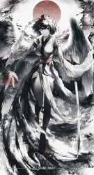 Rule 34 | 1girl, absurdres, bird wings, black hair, black thighhighs, black wings, breasts, detached sleeves, feathered wings, geta, hat, hauchiwa, highres, holding, holding sword, holding weapon, japanese clothes, katana, kourindou tengu costume, large breasts, obi, outdoors, pelvic curtain, pom pom (clothes), red eyes, red footwear, red hat, red sash, ribbon-trimmed sleeves, ribbon trim, sash, serious, shameimaru aya, short hair, solo, sword, tengu-geta, thighhighs, tokin hat, touhou, weapon, wide sleeves, wings, yexinhan