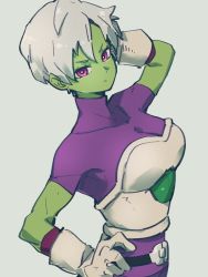 Rule 34 | 1girl, arm behind head, bodysuit, breasts, cheelai, closed mouth, colored skin, dragon ball, dragon ball super, dragon ball super broly, gloves, green skin, grey background, hand on own hip, kemachiku, looking at viewer, medium breasts, pink eyes, purple bodysuit, saiyan armor, short hair, simple background, solo, white gloves, white hair