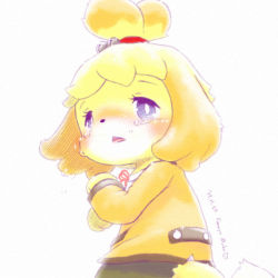Rule 34 | 1girl, animal crossing, animal ears, artist name, bell, blonde hair, blue eyes, blush, crying, dated, dog ears, dog tail, female focus, from side, furry, furry female, furuya muku, green skirt, hair bell, hair ornament, hair tie, isabelle (animal crossing), jacket, jingle bell, long sleeves, looking at viewer, nintendo, no humans, open mouth, red ribbon, ribbon, short hair, signature, simple background, skirt, solo, tail, tears, text focus, white background, yellow jacket
