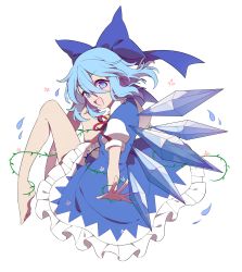 Rule 34 | 1girl, barefoot, bing zizi, blue dress, blue eyes, blue hair, cirno, dress, flower, frills, full body, hair ribbon, hidden star in four seasons, highres, ice, ice wings, looking at viewer, looking back, open mouth, plant, puffy sleeves, ribbon, short hair, short sleeves, simple background, smile, solo, tan, tanned cirno, touhou, vines, white background, wings