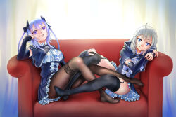 Rule 34 | &gt;:), 2girls, ahoge, assault lily, black bow, black skirt, black thighhighs, blue eyes, blue hair, bow, braid, breasts, brown pantyhose, center frills, closed mouth, commentary, couch, cropped jacket, curtains, day, detached sleeves, elbow rest, fang, fang out, frilled shirt, frilled shirt collar, frilled skirt, frills, full body, garter straps, grey hair, hair between eyes, hair bow, hand on another&#039;s knee, hand on own cheek, hand on own face, head on arm, head rest, hood, hood down, indoors, jewelry, kanabako misora, knees up, leaning to the side, leg between thighs, long hair, long sleeves, looking at viewer, medium breasts, miniskirt, mori tatsuki, multiple girls, nenshuu5man, no shoes, on couch, pantyhose, pleated skirt, purple eyes, ring, school uniform, shirt, short sleeves, sitting, skirt, sleeve bow, sleeves past wrists, smile, thighband pantyhose, thighhighs, twin braids, underbust, v-shaped eyebrows, white bow, white shirt, yurigaoka girls academy school uniform