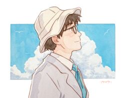 Rule 34 | 1boy, blue necktie, blue sky, border, brown-framed eyewear, brown hair, bunbun hop, closed mouth, cloud, commentary, glasses, grey jacket, hat, highres, horikoshi jirou, jacket, kaze tachinu, lapels, looking afar, looking up, male focus, necktie, outside border, profile, round eyewear, short hair, signature, simple bird, sky, smile, solo, symbol-only commentary, traditional media, upper body, white border, white hat