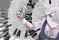 Rule 34 | 1girl, apron, aqua eyes, blue eyes, clock, collared shirt, commentary request, dutch angle, glint, green necktie, grey apron, grey hair, hair ornament, hair over one eye, highres, holding, holding pocket watch, izayoi sakuya, knife, language request, looking at viewer, maid headdress, medium hair, necktie, pocket watch, roman numeral, sanpaku, serious, shirt, short sleeves, sketch background, solo, too many, too many knives, touhou, upper body, watch, white shirt, white wrist cuffs, wide-eyed, wrist cuffs, yuu naay