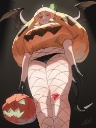 Rule 34 | 1girl, ahoge, arms at sides, black gloves, breasts, demon tail, feet out of frame, fishnet pantyhose, fishnets, florida-chan (ryusei hashida), from below, gloves, high-waist pantyhose, highres, holding, jack-o&#039;-lantern, large breasts, legs together, looking at viewer, orange hair, original, pantyhose, parody, pumpkin costume, red eyes, ryusei hashida, sidelocks, signature, smile, solo, tail, wings