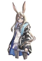 Rule 34 | 1girl, amiya (arknights), animal ears, arknights, ascot, black coat, black pantyhose, blue eyes, blue skirt, brown hair, coat, commentary request, cowboy shot, cropped legs, female focus, gawako, highres, hood, hood down, hooded coat, jewelry, long hair, long sleeves, looking at viewer, multiple rings, neck ring, open clothes, open coat, pantyhose, parted lips, plaid, plaid skirt, ponytail, purple ascot, rabbit ears, ribbed sweater, ring, sidelocks, simple background, skirt, smile, solo, sweater, teeth, white background, white sweater