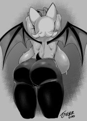 Rule 34 | 1girl, artist name, ass, back, backboob, bat wings, breasts, from behind, furry, furry female, gigantic breasts, greyscale, highres, huge ass, huge breasts, monochrome, rouge the bat, signature, solo, sonic (series), sweat, taiger, tail, thick thighs, thighs, wide hips, wings