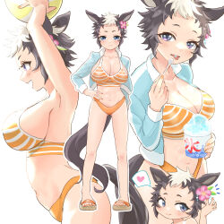 Rule 34 | animal ears, armpits, arms up, ball, beachball, bikini, blue eyes, blush, breasts, brown hair, chibi, cleavage, closed mouth, collarbone, colored tongue, flower, food, forehead, from side, full body, hair flower, hair ornament, hand on own hip, heart, highres, holding, holding spoon, horse ears, horse girl, horse tail, large breasts, looking at viewer, mejiro ryan (umamusume), multicolored hair, multiple views, nail polish, navel, open mouth, orange bikini, orange nails, profile, sandals, sashimi mami, shaved ice, short eyebrows, short hair, sideboob, simple background, smile, speech bubble, spoken heart, spoon, striped bikini, striped clothes, swimsuit, tail, toenail polish, toenails, toes, tongue, tongue out, two-tone hair, umamusume, white background, white hair