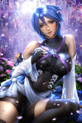 Rule 34 | 1girl, aqua (kingdom hearts), ayya sap, black thighhighs, blue eyes, blue hair, breasts, corset, covered collarbone, detached sleeves, flower, hair between eyes, impossible clothes, impossible shirt, kingdom hearts, large breasts, looking at viewer, petals, shirt, short hair, shorts, skin tight, solo, tagme, thighhighs, thighs