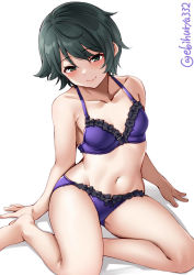 Rule 34 | 1girl, bare arms, bare legs, bare shoulders, black hair, blush, bra, breasts, collarbone, ebifurya, frills, green eyes, highres, kantai collection, looking at viewer, mogami (kancolle), navel, panties, purple bra, purple panties, short hair, simple background, sitting, small breasts, smile, solo, swept bangs, twitter username, underwear, underwear only, white background
