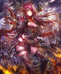 Rule 34 | 10s, 1girl, armor, armored dress, artist request, cape, castle, cleavage cutout, clothing cutout, cygames, demon girl, demon horns, eyepatch, hand on own hip, holding, holding sword, holding weapon, horns, laura (shadowverse), long hair, official art, purple hair, red eyes, reverse grip, shadowverse, shingeki no bahamut, smirk, sword, thighhighs, weapon
