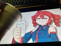 Rule 34 | 1boy, 1girl, artist self-insert, bare shoulders, blue shirt, blue sleeves, blush, breast pocket, closed eyes, commentary, cup, detached sleeves, drawing tablet, drill hair, frown, glass, highres, holding, holding cup, kasane teto, kenno9mp40, keyboard (computer), monitor, out of frame, photo (medium), pocket, pouring, pov, pov hands, red hair, shirt, sleeveless, sleeveless shirt, tears, through medium, through screen, twin drills, upper body, utau, v-shaped eyebrows