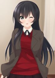 Rule 34 | 10s, 1girl, agano (kancolle), alternate costume, black hair, blazer, blush, breasts, casual, chimunge, grey eyes, highres, jacket, kantai collection, large breasts, long hair, long sleeves, looking at viewer, one eye closed, open jacket, open clothes, open jacket, shirt, skirt, smile, solo, tongue, tongue out, upper body, very long hair, vest
