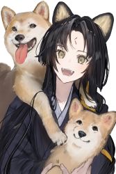 Rule 34 | 1girl, absurdres, animal, animal ears, animal on shoulder, arknights, black hair, black kimono, commentary, dog, dog ears, dog girl, facial mark, fangs, forehead mark, gawako, highres, japanese clothes, kimono, long hair, looking at viewer, open mouth, parted bangs, saga (arknights), shiba inu, simple background, smile, solo, upper body, white background, yellow eyes