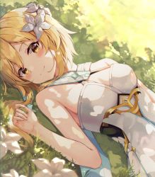 Rule 34 | 1girl, absurdres, bare arms, bare shoulders, blonde hair, blush, breasts, cleavage, cleavage cutout, closed mouth, clothing cutout, commentary request, corset, day, dress, flower, from side, genshin impact, hair flower, hair ornament, highres, huge filesize, lens flare, lily (flower), long hair, looking at viewer, looking to the side, lumine (genshin impact), lying, medium breasts, on back, on grass, on ground, outdoors, sarika, sleeveless, sleeveless dress, smile, solo, upper body, white dress, white flower, yellow eyes