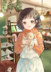 Rule 34 | 1girl, apron, arms up, black hair, brown eyes, bunapi (bunapii), ceiling light, commentary request, cup, flower, greeting card, hair ribbon, head tilt, highres, holding, holding stuffed toy, light particles, long sleeves, looking at viewer, name tag, open mouth, orange sweater, original, parted lips, plate, ribbon, shelf, shop, short hair, solo, stuffed animal, stuffed rabbit, stuffed toy, sweater, teacup, teddy bear, vase