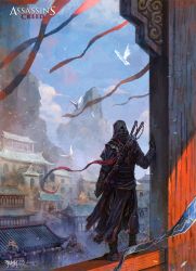 Rule 34 | 1boy, architecture, armor, artist name, assassin&#039;s creed, assassin&#039;s creed (series), banner, bird, boots, building, chain, chaoyuan xu, cloud, dated, east asian architecture, from behind, highres, hood, lantern, male focus, pauldrons, sash, sheath, sheathed, shoulder armor, sky, solo, sword, tree, vambraces, weapon