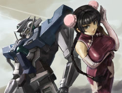 Rule 34 | 00s, bad id, bad pixiv id, bare shoulders, black eyes, black hair, braid, breasts, bun cover, china dress, chinese clothes, crossed arms, double bun, dress, elbow gloves, gloves, gundam, gundam 00, hair bun, hamoto, large breasts, long hair, mecha, robot, smile, solo, wang liu mei