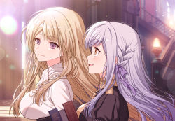 Rule 34 | 2girls, artist name, ascot, assault lily, black jacket, blonde hair, blurry, blurry background, book, bow, braid, breasts, closed mouth, commentary request, commission, epaulettes, fire emblem, fire emblem: three houses, floating hair, from side, garreg mach monastery uniform, hair bow, high collar, highres, holding, holding book, indoors, jacket, kon kanaho, large breasts, lens flare, light blush, light particles, long hair, looking away, looking to the side, medium breasts, miyagawa takane, multiple girls, nintendo, parted lips, profile, puffy sleeves, purple bow, purple eyes, sakura tsubame, shirt, side braid, sidelocks, silver hair, skeb commission, smile, stairs, sunlight, upper body, white ascot, white shirt, yellow eyes