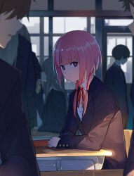 Rule 34 | 1girl, 2boys, :|, black jacket, blazer, blue eyes, braid, brown hair, buttoned cuffs, buttons, classroom, closed mouth, collared shirt, crowd, day, desk, expressionless, from side, hair over shoulder, indoors, jacket, kaf (kamitsubaki studio), kamitsubaki city under construction, kamitsubaki studio, long bangs, looking at viewer, low twin braids, multiple boys, neck ribbon, official art, out of frame, pink hair, red ribbon, ribbon, ringed eyes, school desk, shirt, sidelocks, sitting, solo focus, twin braids, upper body, white shirt, yellow pupils