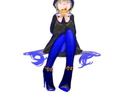 Rule 34 | 1boy, black headwear, black jacket, blue hair, blue pantyhose, bow, brown hair, captain nemo (fate), cherry, commentary request, fate/grand order, fate (series), food, footwear bow, fruit, full body, gold trim, gradient hair, green eyes, hair flowing over, hands up, high heels, highres, holding, holding plate, invisible chair, jacket, knees up, long sleeves, low twintails, male focus, multicolored hair, nemo (fate), pantyhose, plate, pudding, simple background, sitting, solo, twintails, ubwmitekure, unfinished, white background