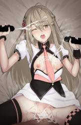 Rule 34 | 1girl, 2boys, ahoge, bed sheet, between breasts, black thighhighs, blank censor, blush, braid, breasts, breasts out, brown eyes, brown hair, bukkake, censored, clothed female nude male, commentary, crown braid, cum, cum in pussy, cum on body, cum on breasts, cum on hair, cum on upper body, cum overflow, cum string, double handjob, dress, facial, french braid, from above, group sex, hair between eyes, hair ornament, handjob, hcz n, hetero, indie virtual youtuber, kusunoki shio, light brown hair, long hair, looking at viewer, lying, miniskirt, mmf threesome, multiple boys, multiple penises, necktie, necktie between breasts, nipples, no panties, nude, on back, on bed, one eye closed, open clothes, open mouth, penis, pink neckwear, pussy, sex, short dress, short sleeves, skirt, small breasts, solo focus, spread legs, straight hair, teeth, thighhighs, threesome, tie clip, tongue, vaginal, virtual youtuber, waistcoat, white dress, wing collar, wrist cuffs
