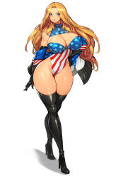 Rule 34 | 1girl, absurdres, bare shoulders, black footwear, black gloves, blonde hair, blue eyes, blush, boots, breasts, cleavage, closed mouth, clothing cutout, commentary, covered collarbone, covered navel, curvy, elbow gloves, full body, gloves, gurimjang, hand on own hip, high heels, highleg, highleg leotard, highres, jacket, large breasts, leotard, lips, long hair, looking at viewer, off shoulder, original, parted bangs, shadow, shiny clothes, shiny skin, simple background, smile, solo, standing, star (symbol), star print, striped, thick thighs, thigh boots, thighhighs, thighs, turtleneck, vertical stripes, white background, wide hips