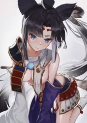 Rule 34 | 1girl, armor, asymmetrical clothes, asymmetrical sleeves, black hair, blue cat (jiwon), blue eyes, blue panties, breast curtains, breasts, fate (series), feather hair ornament, feathers, grey background, hair ornament, hat, highres, japanese armor, kusazuri, mismatched sleeves, panties, pom pom (clothes), purple sleeves, revealing clothes, shoulder armor, side ponytail, single pantsleg, sode, solo, sweat, tate eboshi, thighs, underwear, ushiwakamaru (fate), white sleeves