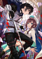 Rule 34 | 1boy, 1girl, arisaka ako, black hair, blood, bloody weapon, blush, brown hair, cape, green eyes, hair ornament, hat, highres, holding sword, official art, open mouth, original, sword, weapon
