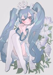 Rule 34 | 1girl, absurdres, blue hair, blush, boots, commentary, convenient leg, crown, expressionless, flower, full body, grey background, grey eyes, hakudaku, hatsune miku, highres, long hair, looking at viewer, own hands together, simple background, solo, sparkle, symbol-only commentary, thigh boots, twintails, very long hair, vocaloid, white footwear, wide sleeves, yuki miku