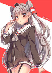 Rule 34 | 10s, 1girl, amatsukaze (kancolle), bad id, bad pixiv id, brown eyes, dress, garter straps, hairband, kantai collection, long hair, mitsuhachi8, sailor dress, silver hair, solo, two side up