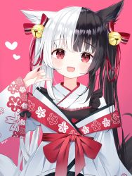 Rule 34 | 1girl, :d, \m/, alice mana, alice mana channel, animal ear fluff, animal ears, bell, black hair, blush, bow, commentary, deyui, fangs, hair bell, hair bow, hair ornament, hand up, heart, highres, japanese clothes, jingle bell, kimono, long hair, looking at viewer, multicolored hair, open mouth, pink background, red bow, red eyes, simple background, smile, solo, striped, striped bow, tail, twintails, two-tone hair, very long hair, virtual youtuber, white hair, white kimono