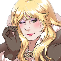 Rule 34 | 1girl, blonde hair, blush, brown cape, brown gloves, cape, closed mouth, commentary request, eyeliner, fur-trimmed cape, fur-trimmed gloves, fur trim, gloves, high wizard (ragnarok online), lipstick, long hair, looking at viewer, makeup, man face, mascara, natsuya (kuttuki), one eye closed, ragnarok online, simple background, smile, solo, upper body, white background, yellow eyes