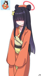 Rule 34 | 1girl, alternate costume, black choker, black hair, blue archive, blunt bangs, choker, closed mouth, collarbone, cosplay, doll, extra, faceless, faceless female, halo, highres, hime cut, hina ningyou, japanese clothes, justice task force member (blue archive), kimono, long hair, majinmallow, obi, orange kimono, red halo, reference inset, sash, simple background, solo, standing, straight hair, very long hair, white background