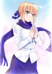 Rule 34 | 1girl, absurdres, ahoge, artoria pendragon (all), artoria pendragon (fate), blonde hair, blue ribbon, blue scarf, blue skirt, braid, commentary request, fate/stay night, fate (series), green eyes, gu li, hair ribbon, highres, jacket, looking at viewer, official alternate costume, ribbon, saber (fate), scarf, skirt, smile, solo, white jacket