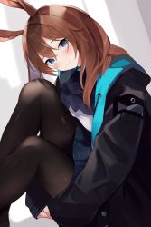 Rule 34 | 1girl, absurdres, amiya (arknights), animal ears, arknights, black jacket, black pantyhose, black skirt, blouse, blue eyes, blush, brown hair, closed mouth, commentary, feet out of frame, hair between eyes, head tilt, highres, hood, hood down, hooded jacket, infection monitor (arknights), jacket, knees up, long hair, long sleeves, looking at viewer, mizu (lzzrwi603), open clothes, open jacket, pantyhose, pleated skirt, puffy long sleeves, puffy sleeves, rabbit ears, shirt, skirt, sleeves past wrists, solo, white shirt