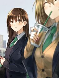 Rule 34 | 2girls, ^ ^, black jacket, blurry, blurry background, blurry foreground, blush, brown eyes, brown hair, brown sweater, cardigan, cellphone, closed eyes, closed mouth, collared shirt, commentary request, cup, day, depth of field, disposable cup, drinking, drinking straw, fingernails, green neckwear, grey sky, hair between eyes, holding, holding cup, holding phone, jacket, long hair, long sleeves, multiple girls, nail polish, necktie, original, outdoors, phone, pink nails, shirt, sky, smile, somechime (sometime1209), sweater, white shirt, yuri