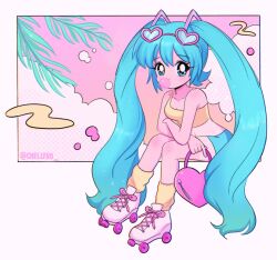 Rule 34 | 1990s (style), 1girl, bag, blue eyes, blue hair, blue shorts, blush, breasts, bubble, blowing bubbles, chellyko, chewing gum, cloud, collarbone, eyewear on head, hatsune miku, heart, heart-shaped eyewear, highres, holding, long hair, looking at viewer, medium breasts, midriff, navel, palm leaf, pink footwear, retro artstyle, roller skates, shirt, shoes, shorts, sitting, skates, sky, smile, sneakers, socks, sunglasses, tank top, twintails, vocaloid, yellow shirt, yellow socks