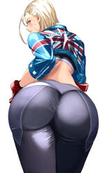 Rule 34 | 1girl, absurdres, antenna hair, ass, ass focus, back, black pants, blonde hair, blue eyes, blush, bracelet, buttons, cammy white, collared jacket, commentary, cropped jacket, diamond button, from behind, gloves, highres, huge ass, jacket, jewelry, looking back, pants, short hair, simple background, solo, street fighter, street fighter 6, sweat, tantan 0028, union jack, white background, yoga pants, zipper