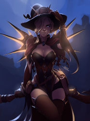 Rule 34 | 1girl, breasts, broom, broom riding, cleavage, hair over one eye, hat, looking at viewer, mercy (overwatch), night, overwatch, overwatch 1, solo, vashperado, witch hat, witch mercy