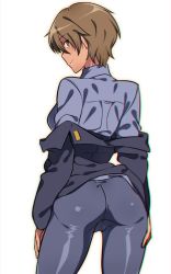Rule 34 | 1girl, ass, black pants, blue shirt, blush, breasts, brown hair, cameltoe, closed mouth, em (totsuzen no hakike), from behind, large breasts, looking at viewer, looking back, military, military uniform, pants, pantyhose, shiny clothes, shirt, short hair, simple background, solo, strike witches, uniform, waltrud krupinski, white background, world witches series