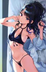 Rule 34 | 1girl, arm up, bare shoulders, black bra, black eyes, black hair, black panties, blush, bra, breasts, cleavage, collarbone, commentary request, grey shirt, hand on own cheek, hand on own face, highres, idolmaster, idolmaster shiny colors, kazano hiori, long hair, long sleeves, looking at viewer, lying, medium breasts, mirei, navel, on back, open clothes, open shirt, panties, parted lips, ponytail, shirt, smile, solo, stomach, swept bangs, tassel, underwear